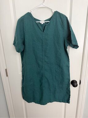 J. Jill Pure Jill Relaxed Teal V-Notch Short Sleeve Linen Dress